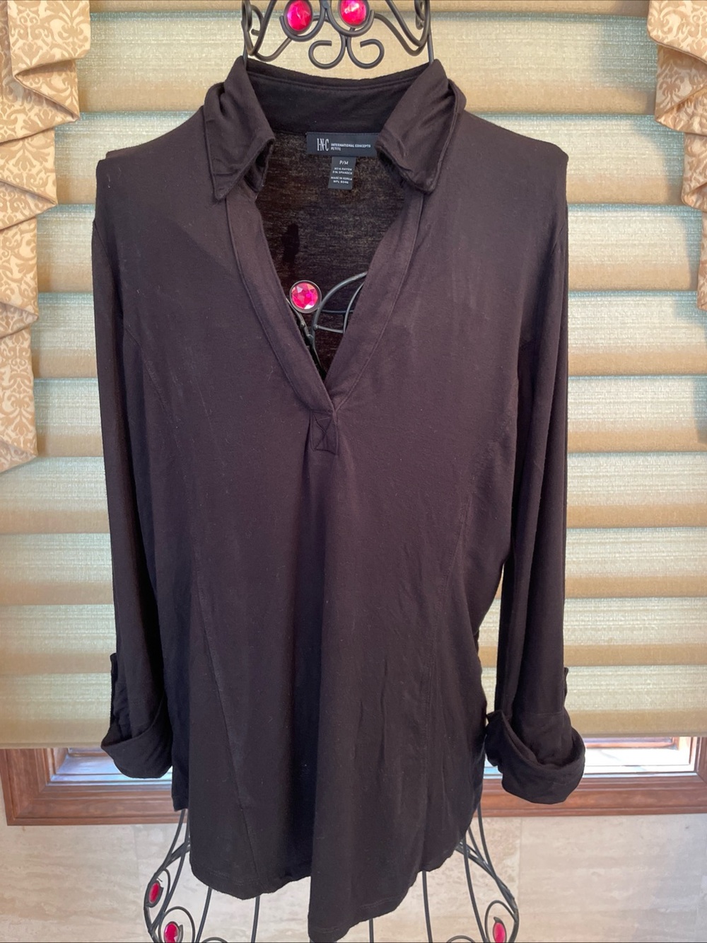 INC Black Collared V-Neck Stretch Blouse 3/4 Sleeves Sz  Petite M